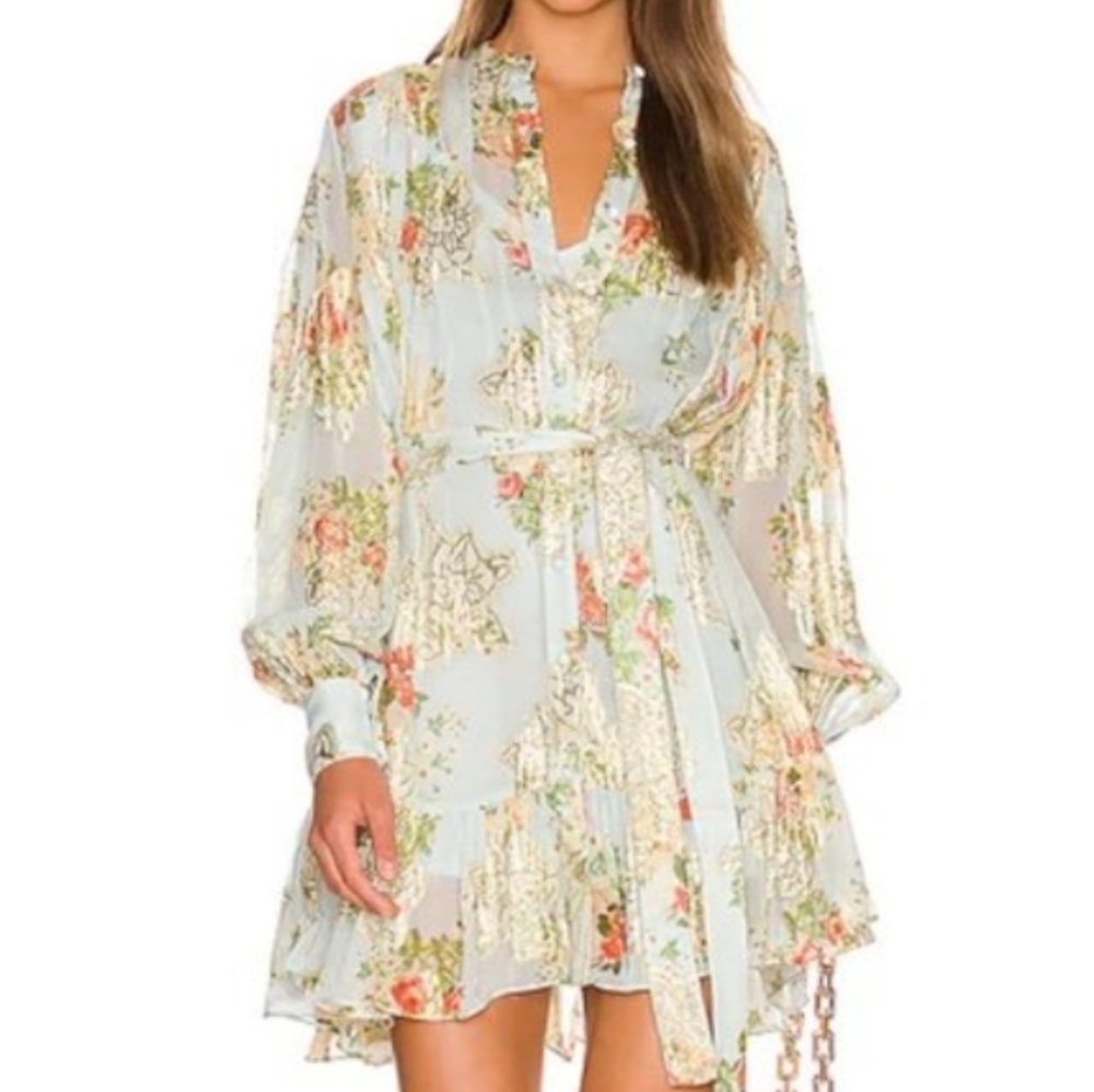 HEMANT & NANDITA Floral Mini Dress in Light Blue and Cream (NO SLIP)